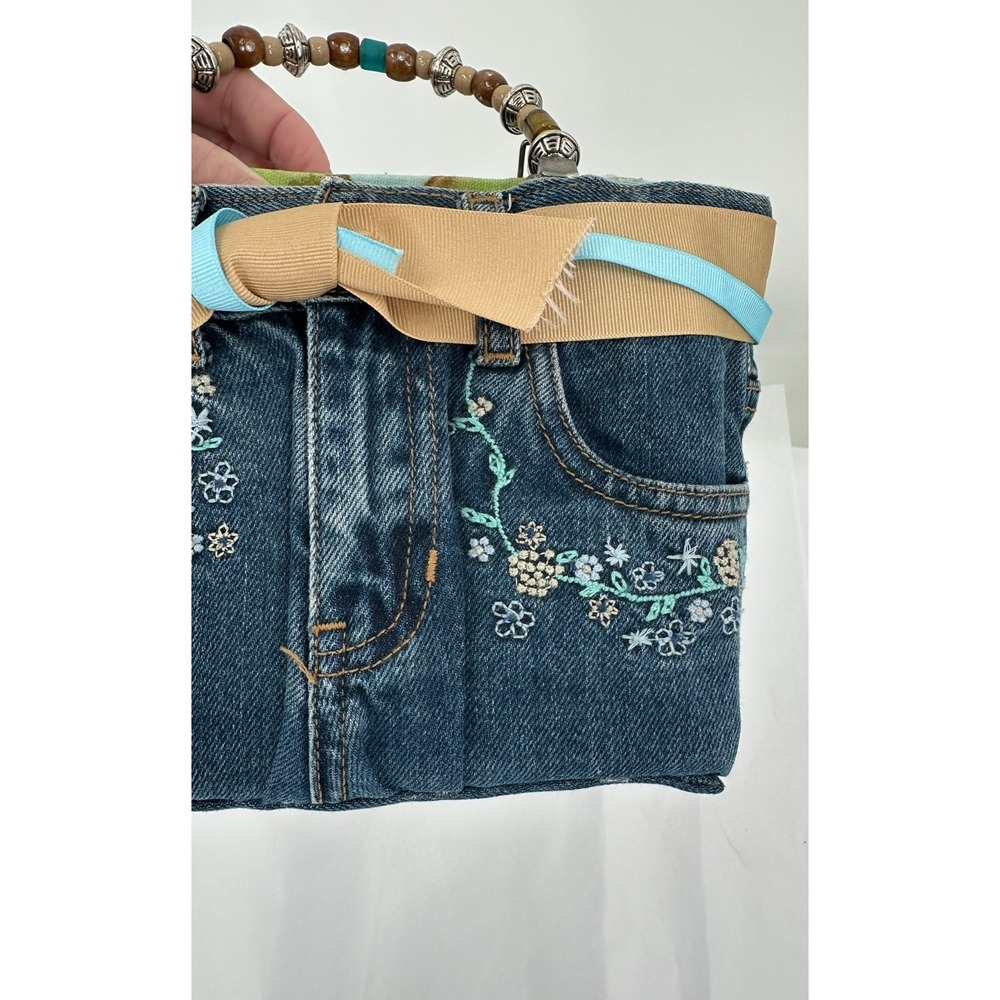 Bootie Bag Blue Jean Handbag Purse Beaded Handles Flip Flop Interior Pockets - Picture 5 of 8
